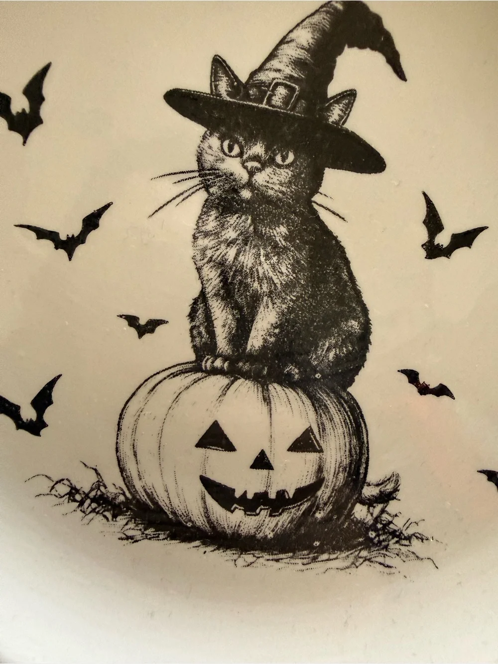 Halloween Cat & Pumpkin Ceramic Plate Black on Cream (Set of 2)